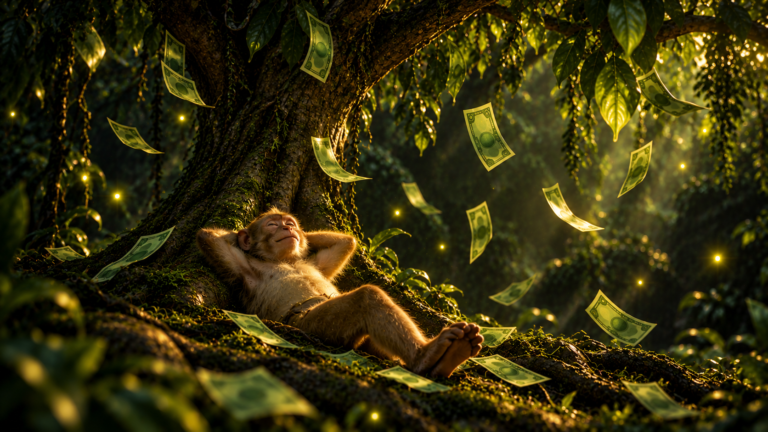 A monkey relaxing under a money tree, waiting for banknotes to fall